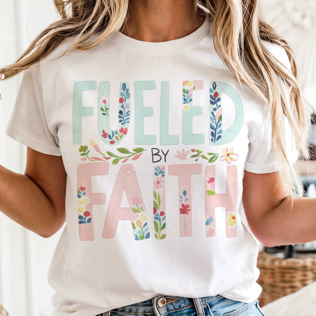 Faith Fueled By Faith Floral Bible Christian Graphic Tee: White / Medium
