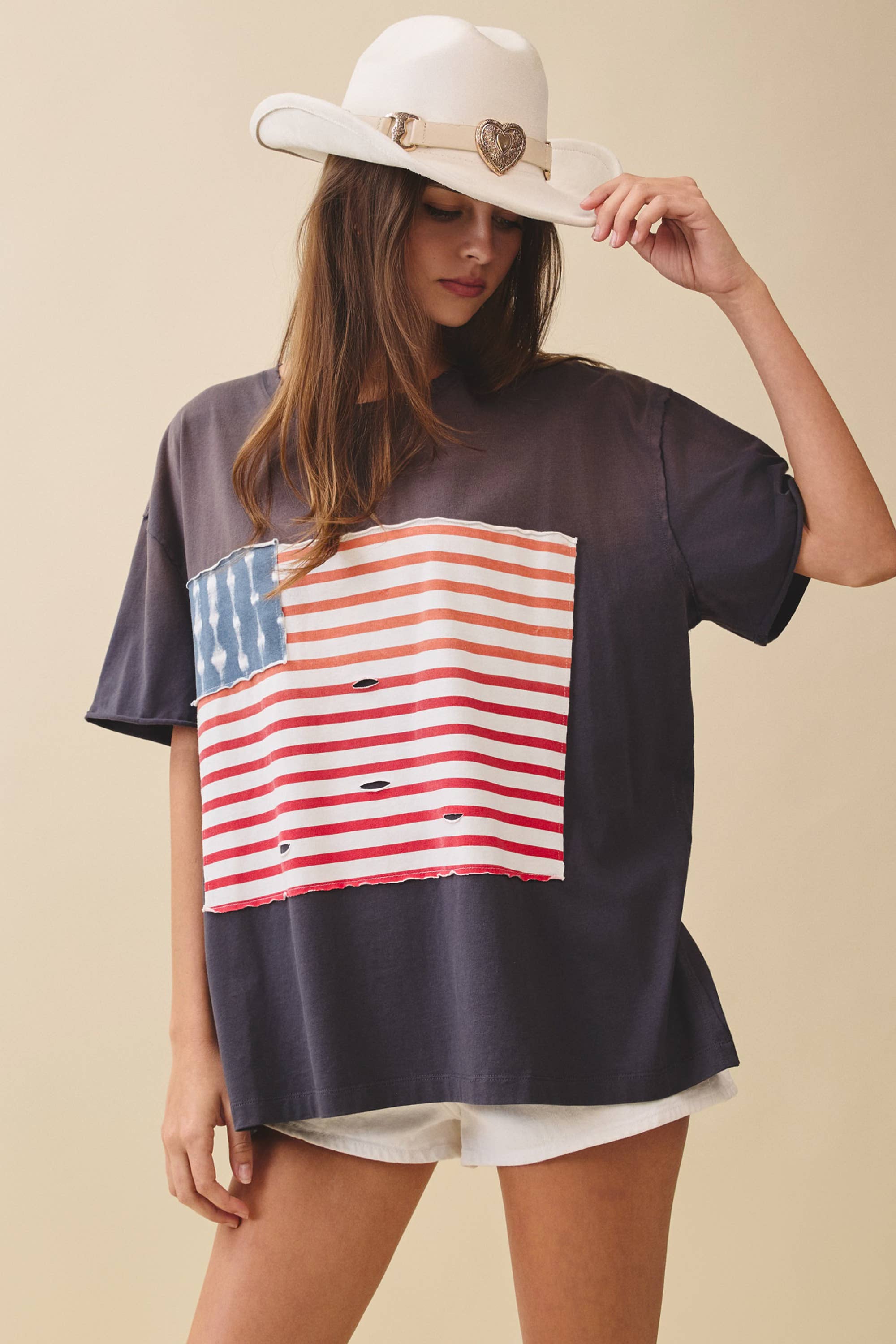 8592HK Distressed Flag Patch Tee: Navy / Contemporary / L