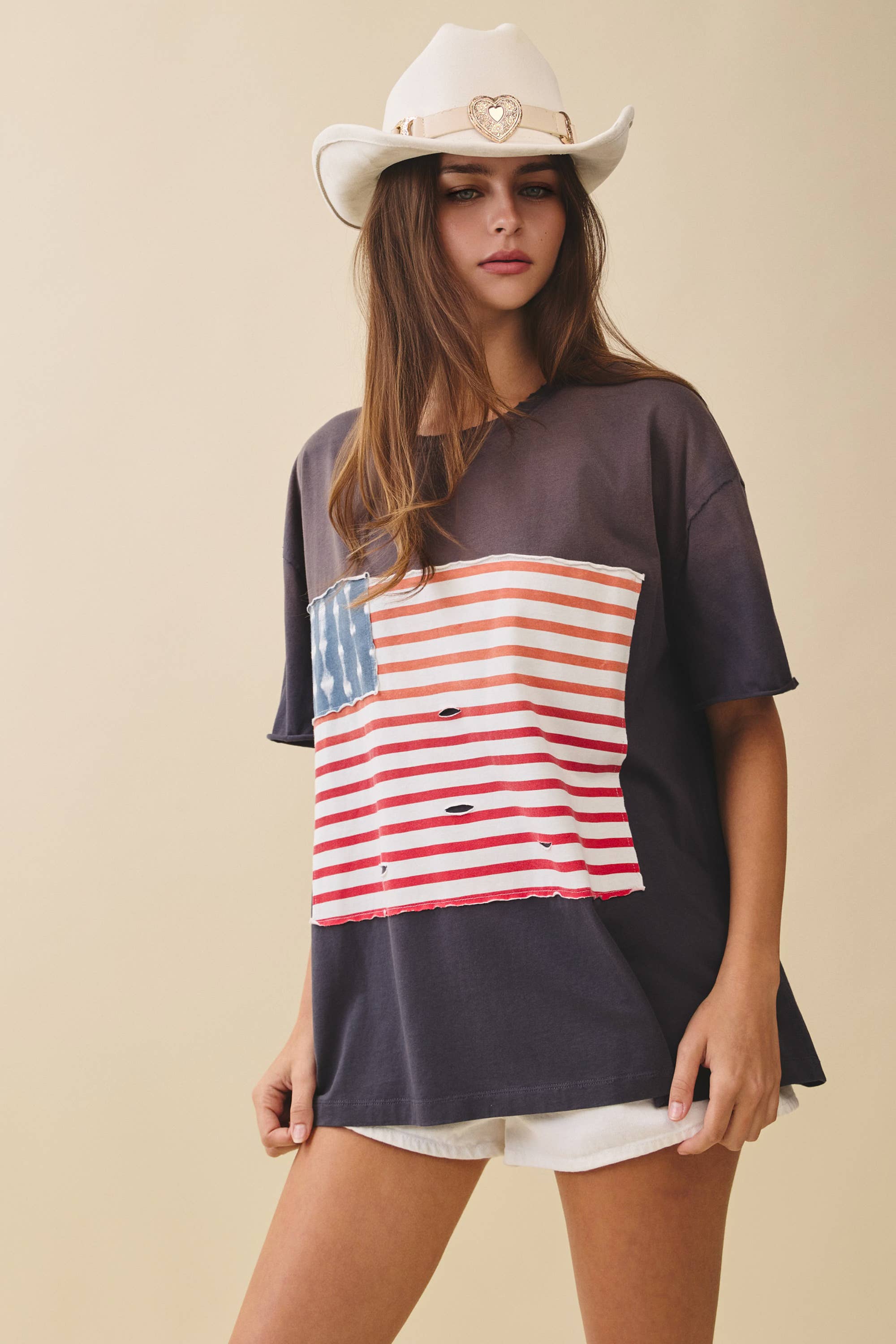 8592HK Distressed Flag Patch Tee: Navy / Contemporary / M