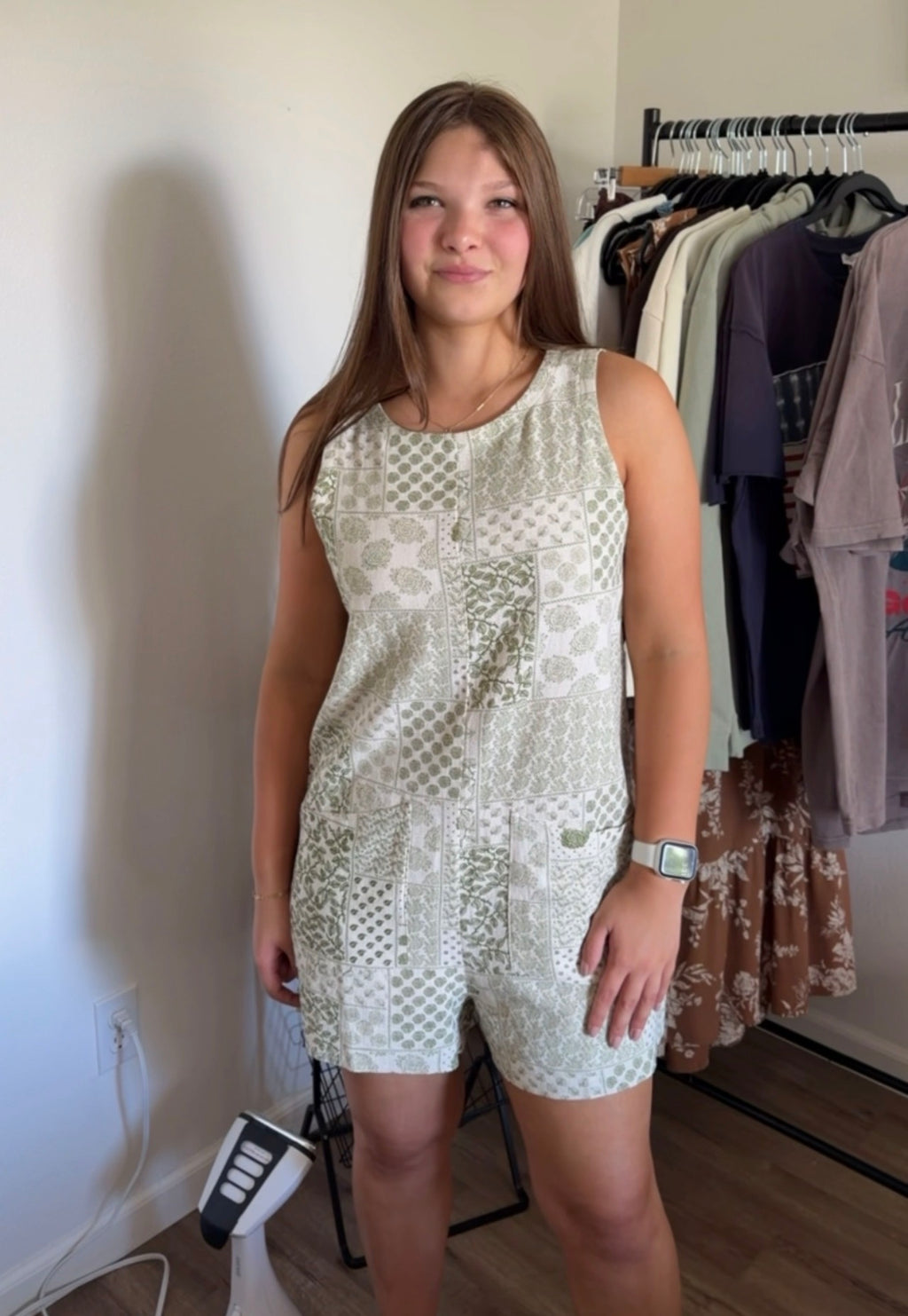 Patch Work Linen Round Neck Romper