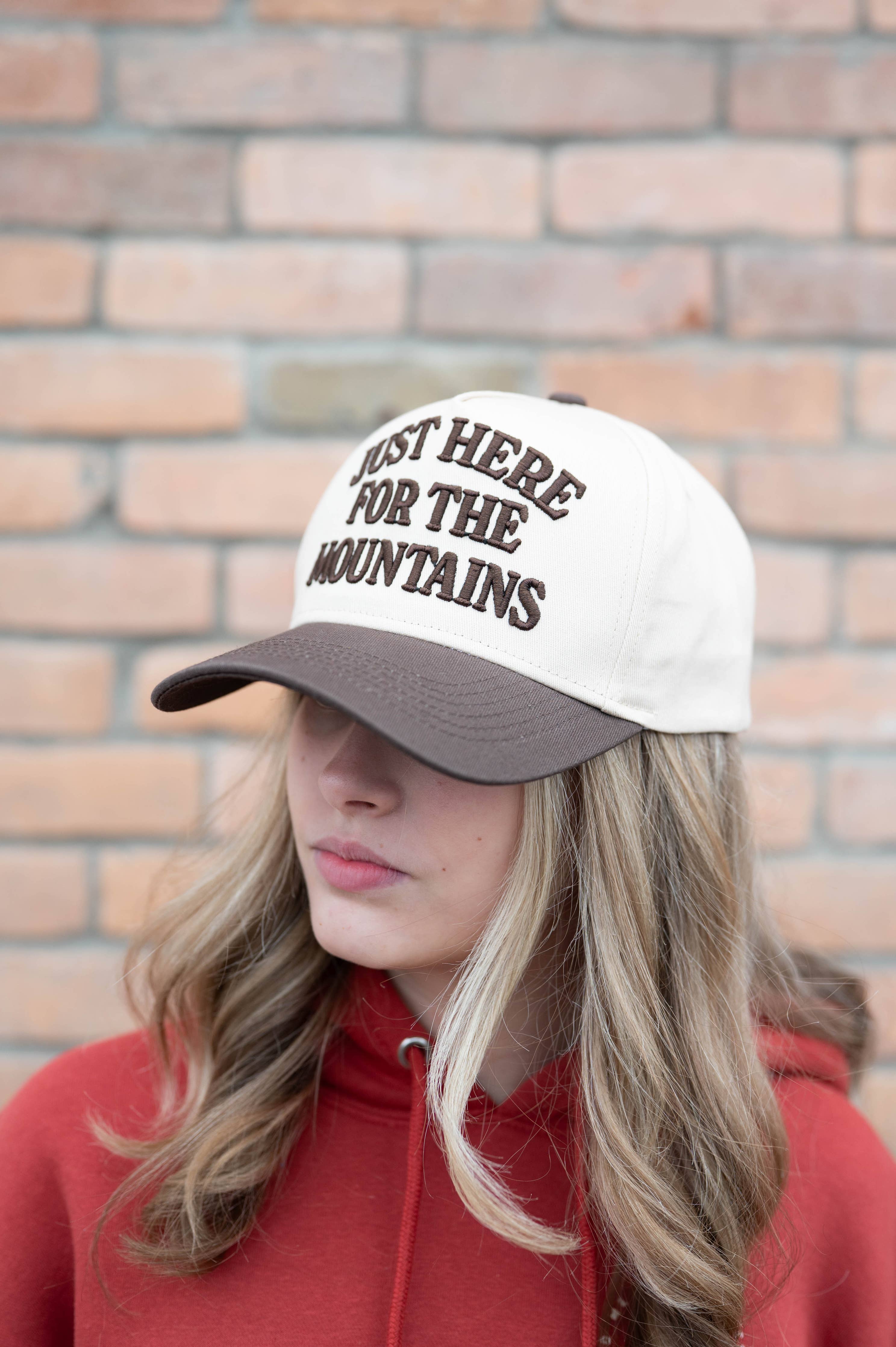 Just Here for the Mountains Embroidered Trucker - Espresso Brown