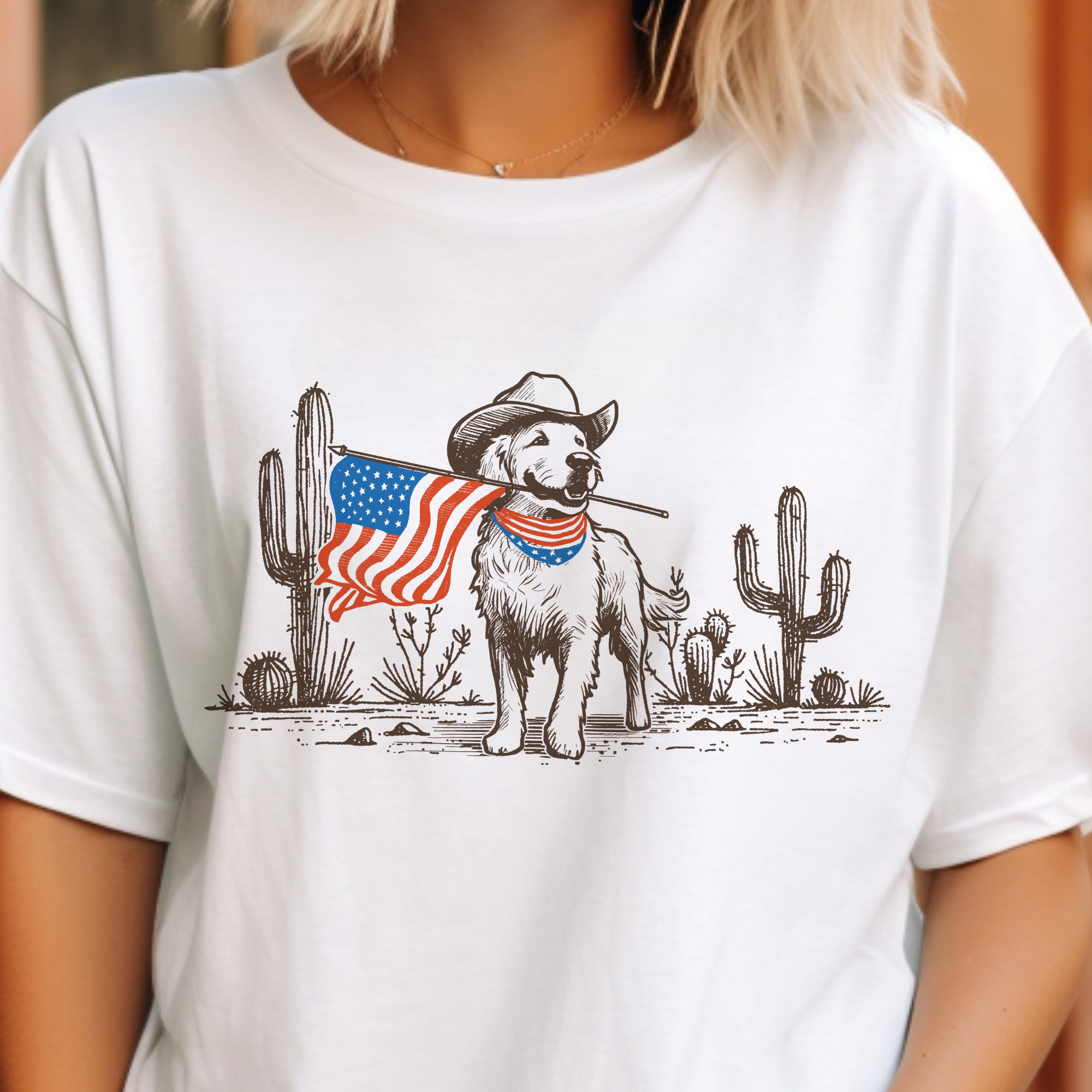 Western USA Dog Flag Southwest Texas Patriotic  Graphic Tee: Cream / Medium
