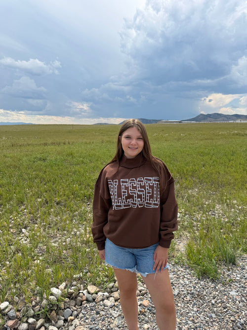"BLESSED" GRAPHIC LONG SLEEVE MOCK NECK SWEATSHIRT: Brown