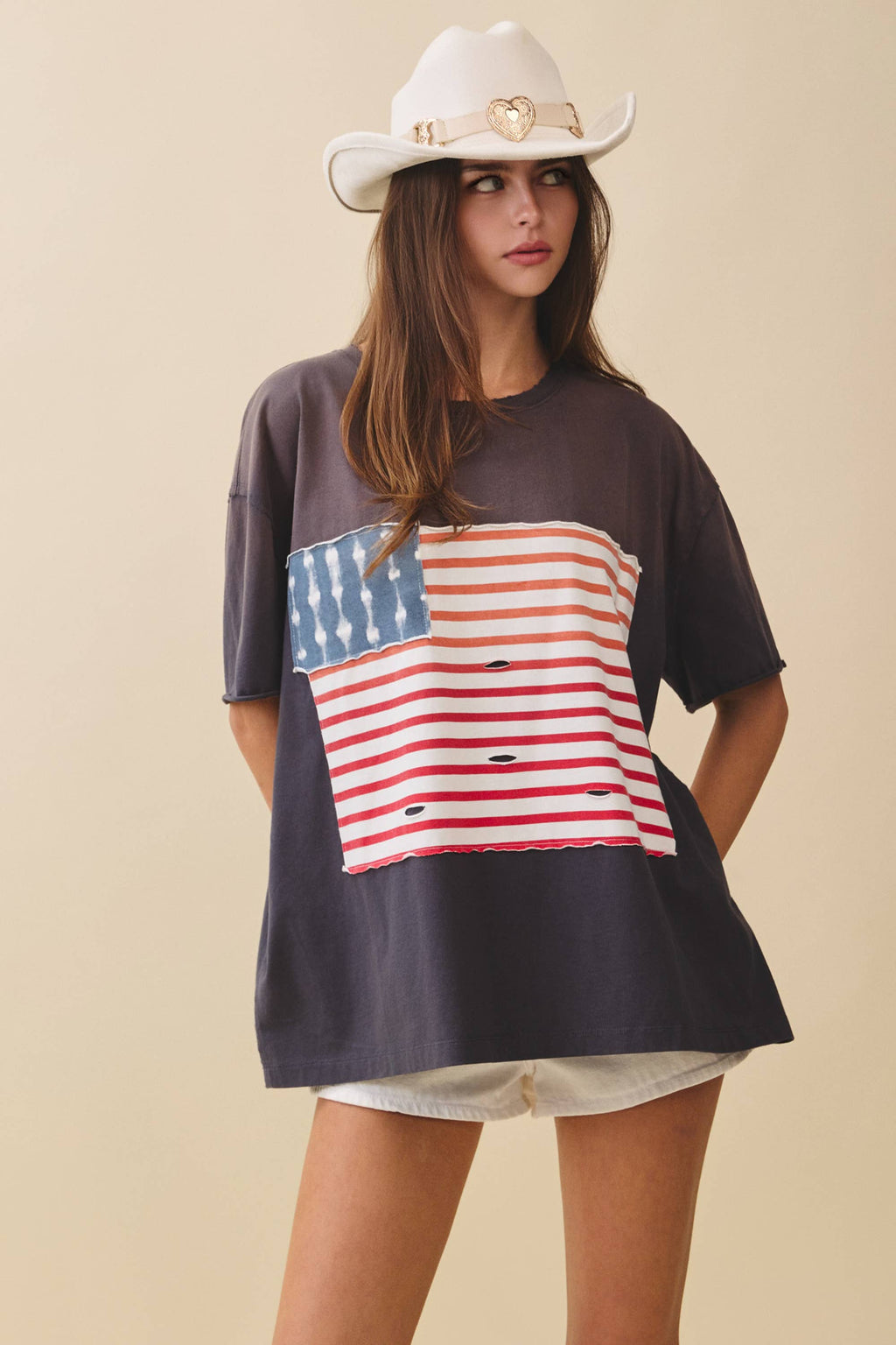 8592HK Distressed Flag Patch Tee: Navy / Contemporary / L
