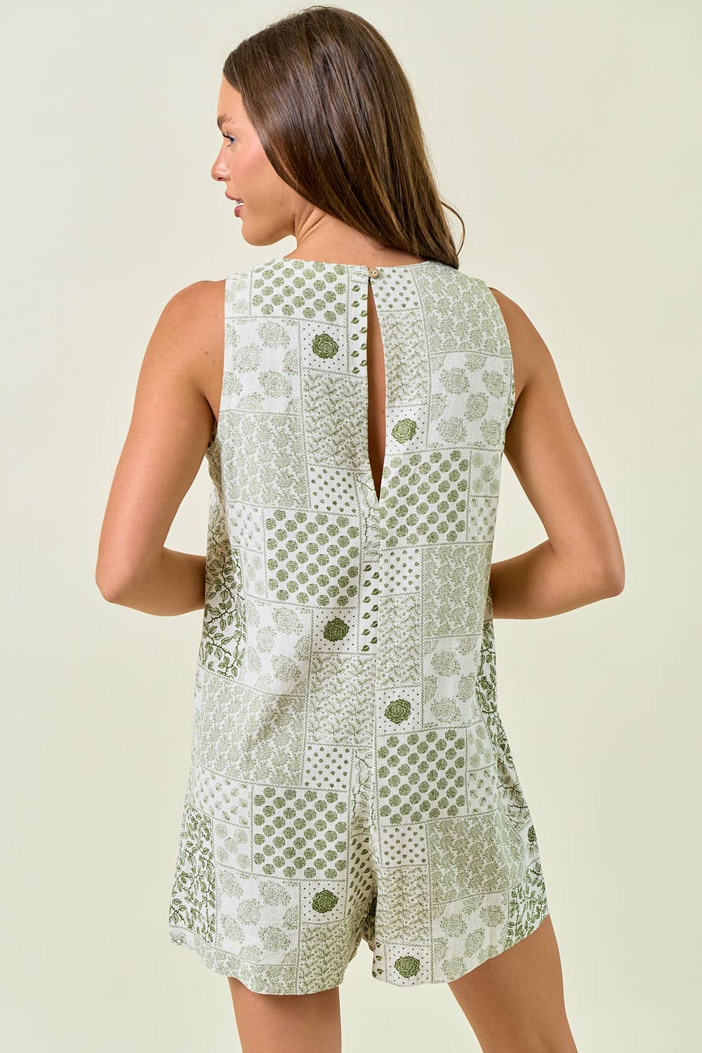 Patch Work Linen Round Neck Romper