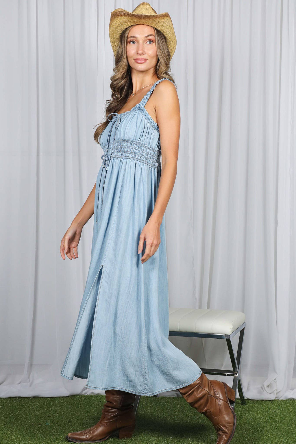 Front Bow Accent 100%Tencel Chambray Denim Dress VD83108A: Light Denim / L