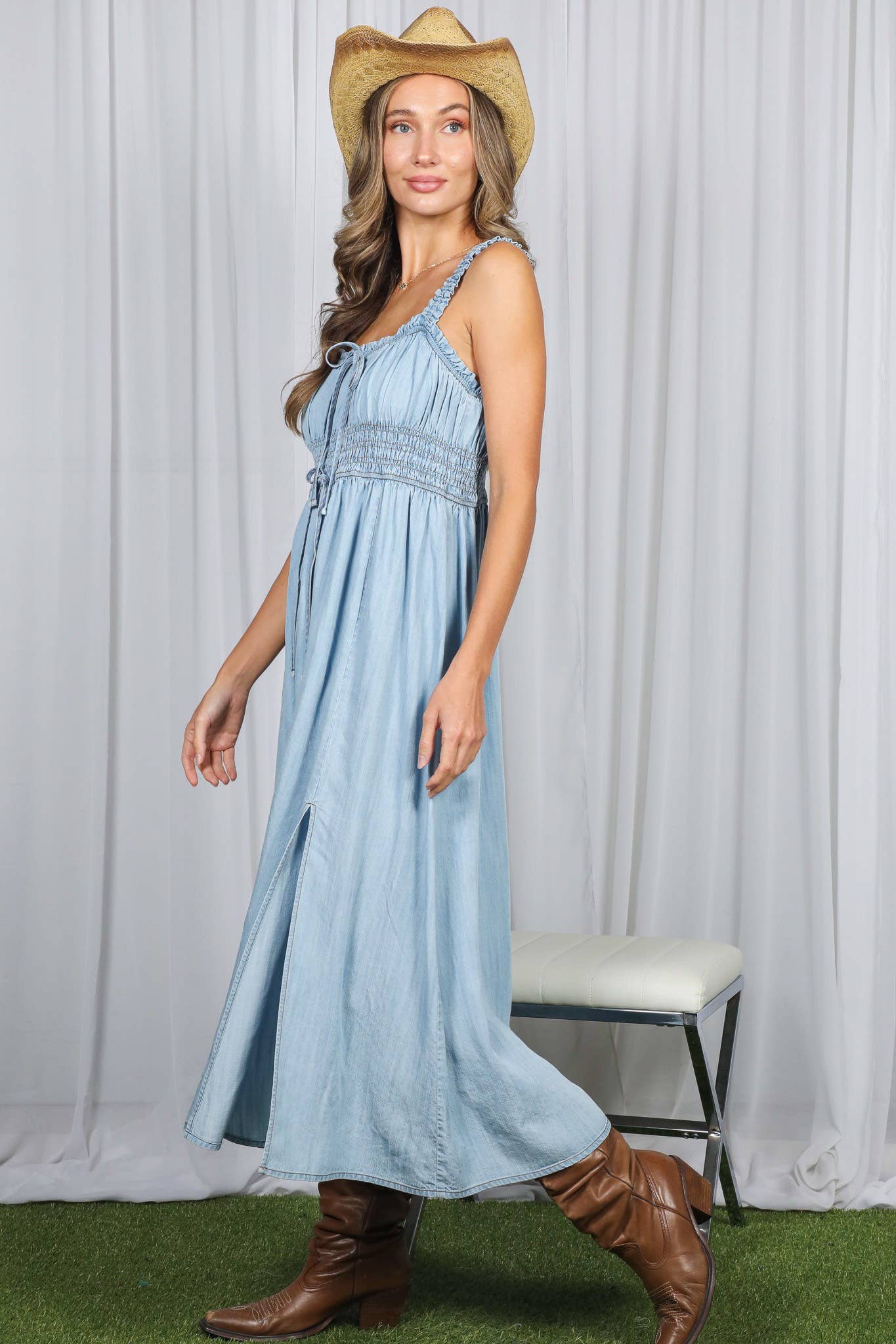 Front Bow Accent 100%Tencel Chambray Denim Dress VD83108A: Light Denim / L